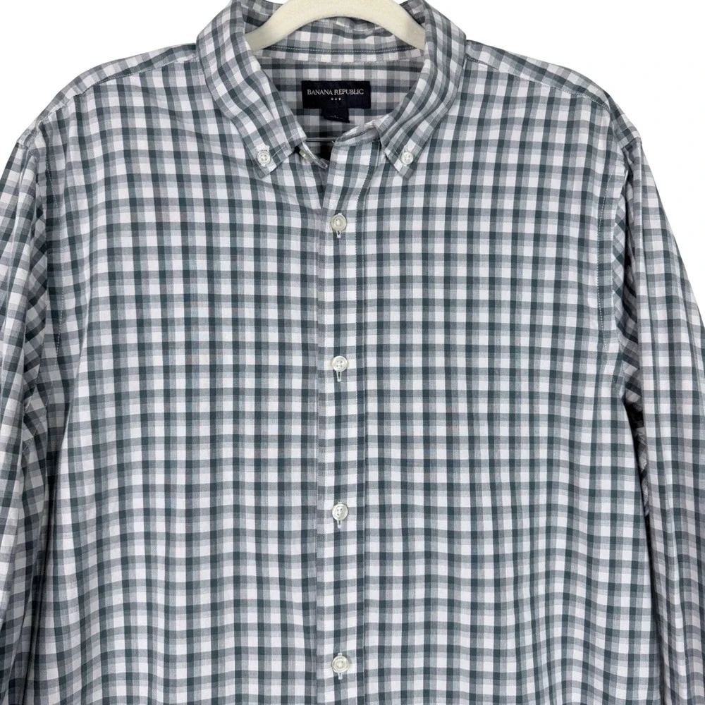 Banana Republic Mens Large Gingham‎ Check Button Down Shirt Green White Cotton